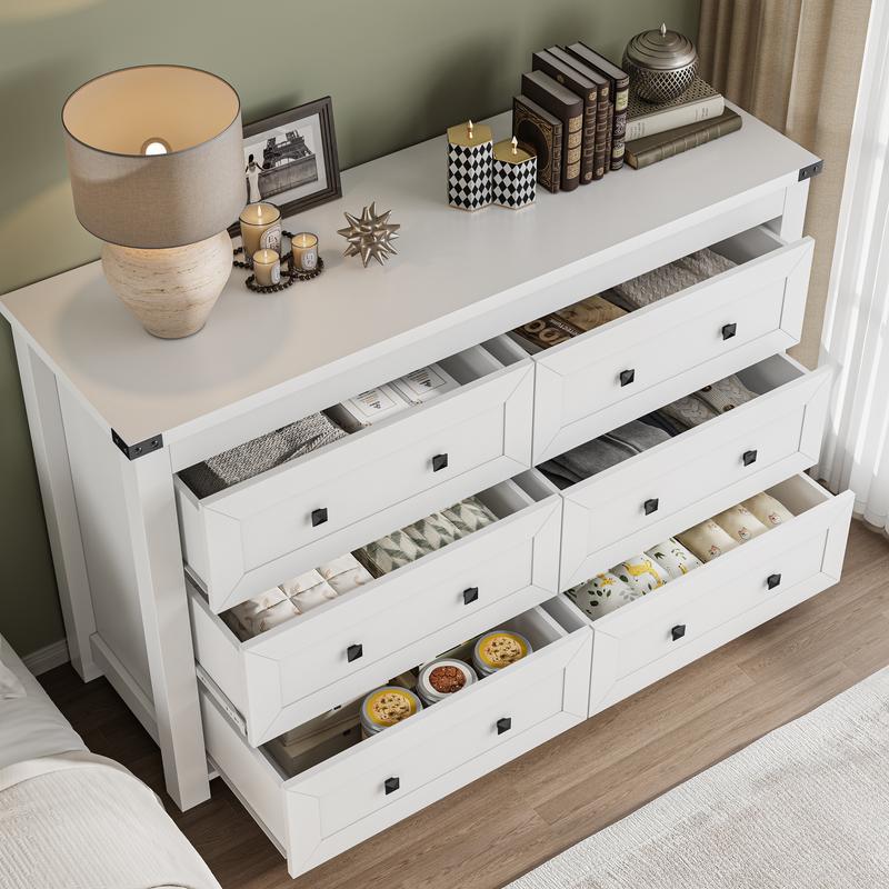 White Dresser 6 Drawer Dresser for Bedroom, Modern Wood Chest of Drawers with Metal Handles, TV Stand and Storage Cabinet for Living Room, Hallway, Nursery, Closet
