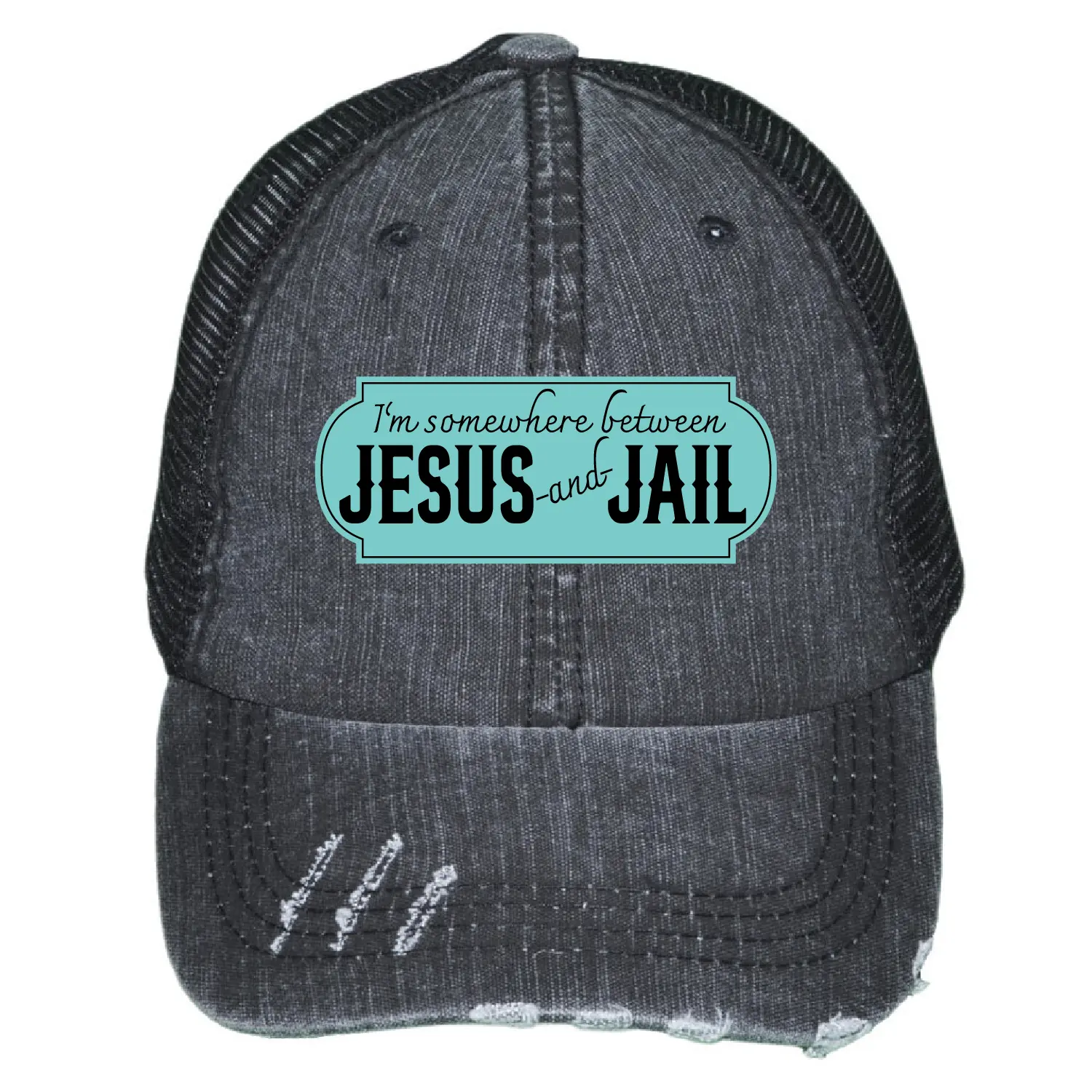 Somewhere Between Jesus and Jail Hat, Ladies Hat, Personalized Mom Hat, Ponytail Hat, Leather Patch Hat, Leopard Hat, Cap Daddy