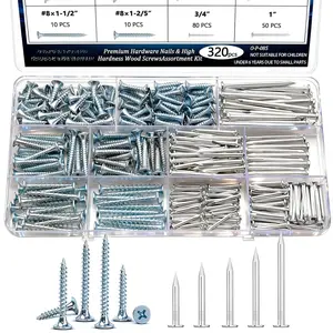 320 count  Hardware Nails & High Hardness  Screws Assortment Kit,1/2"-2"-11 Sizes Phillips Drive Flat , Common Nails, Screws,Furniture Screw with Storage Box
