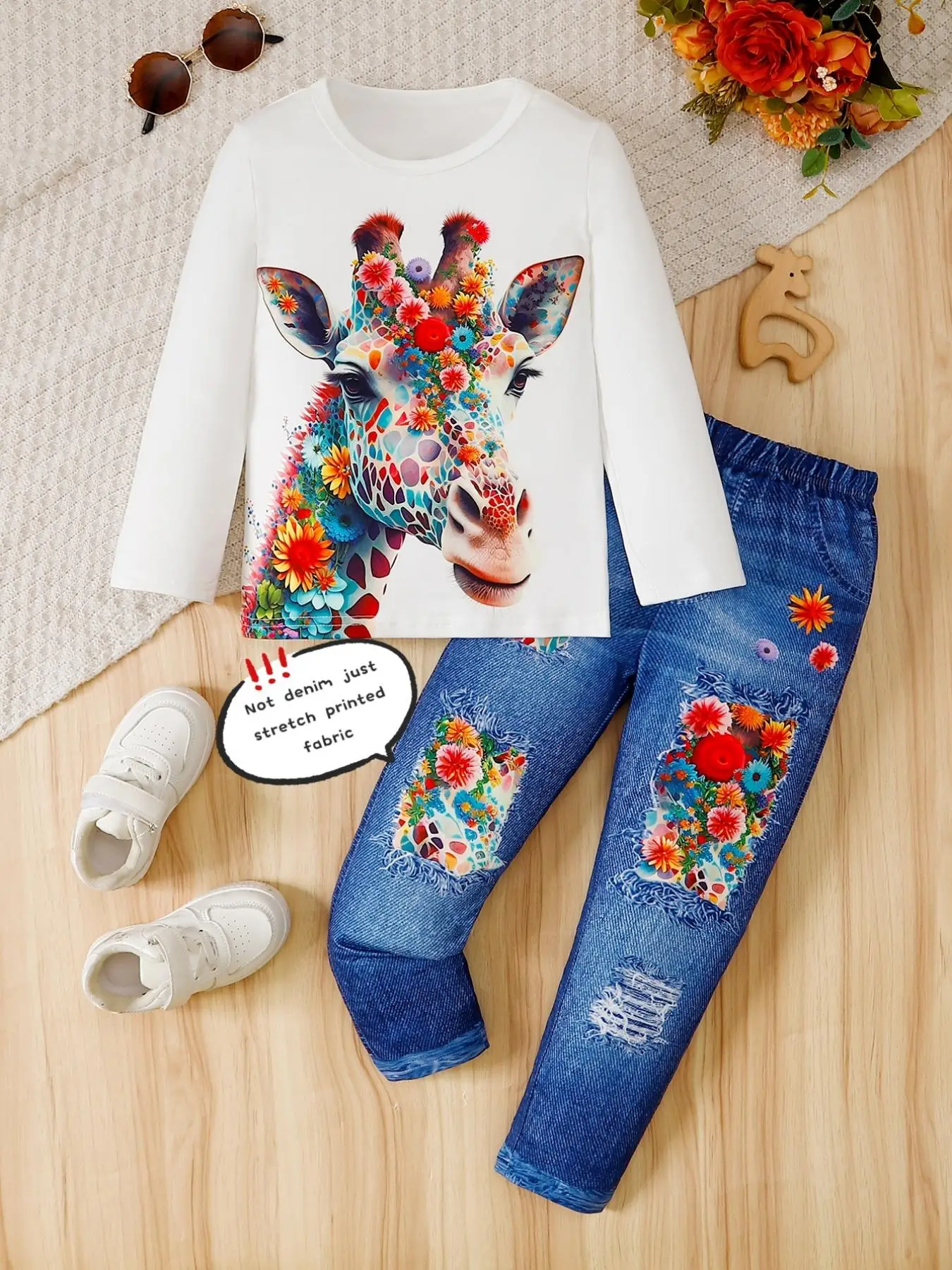 Two-piece Set Girl's Giraffe & Floral Print Long Sleeve Tee & Elastic Waist Denim-Effect Print Pants Set, Cute Casual Round Neck Top & Pants for Daily