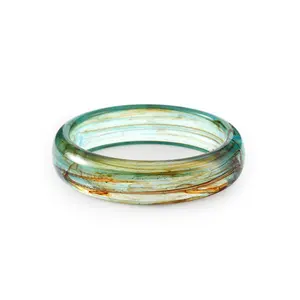 Viva Joya Round Resin Acrylic Bangle Bracelet for Women Teen, Statement Chunky Wide Plastic Bangle Bracelet, Geometric Marble White Browrn Teal Jewelry Gift_Slim Version