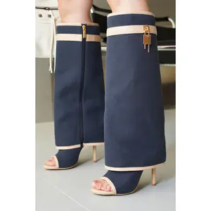 Katrinka Open Toe Padlock Detail Wide-Leg Stiletto Boots - Navy