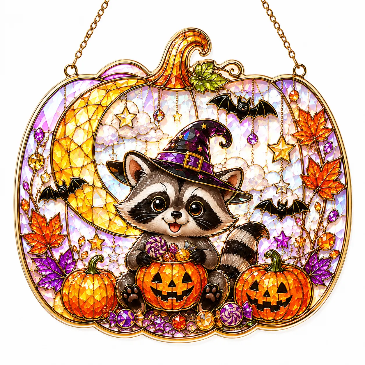 Halloween Raccoon Stained Glass Pumpkin Ornament with Witch Hat and Jack-o'-Lanterns for Festive Decor