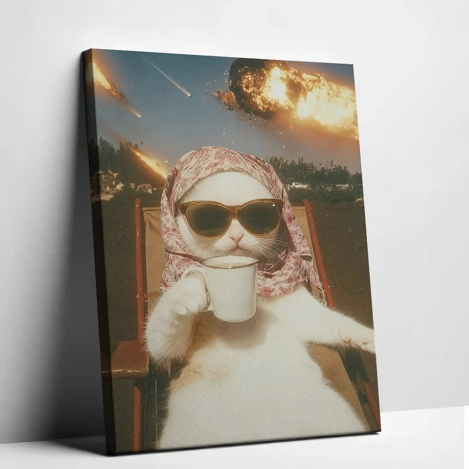 Funny Cat Meme Canvas Wall Art Cool Kitten Poster Prints White Animal Wearing Sunglasses Drinking Coffee Photo Graphic Artwork Living Room Bedroom Apartment Dorm Creative Home Decor Picture