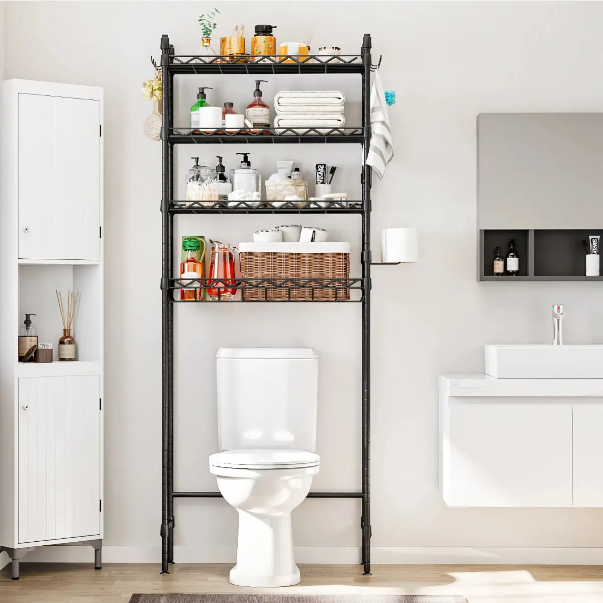 4-Tier Over The Toilet Storage,Adjustable Bathroom Organizer Shelves with Hook,Large Capacity Strong Space Saver suitable for Laundry Kitchen Bathroom Organizer Metal