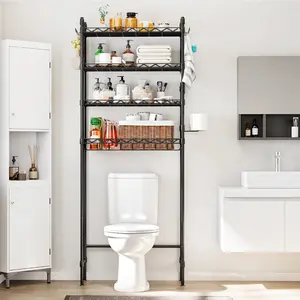 4-Tier Over The Toilet Storage,Adjustable Bathroom Organizer Shelves with Hook,Large Capacity Strong Space Saver suitable for Laundry Kitchen Bathroom Organizer Metal