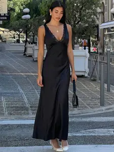 Women's Satin Lace Trim V Neck Solid Bodycon Tank Dress, Sexy Backless Lace-up Plain Slim Fit A-line Black Maxi Dress, Party Club Date Evening Gown Holiday Beach Vacation Daily Elegant Casual Tie-back Long Dresses For Ladies Summer Fashion Clothes Wear