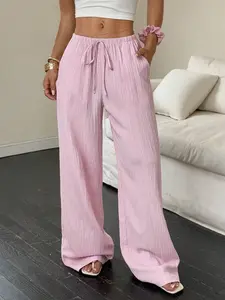 Women's Drawstring Wide Leg Pants, Solid Color No Print, Striped Decoration, Elastic Waist Design, Adjustable, Casual, Comfortable and Fashionable, Daily Wear