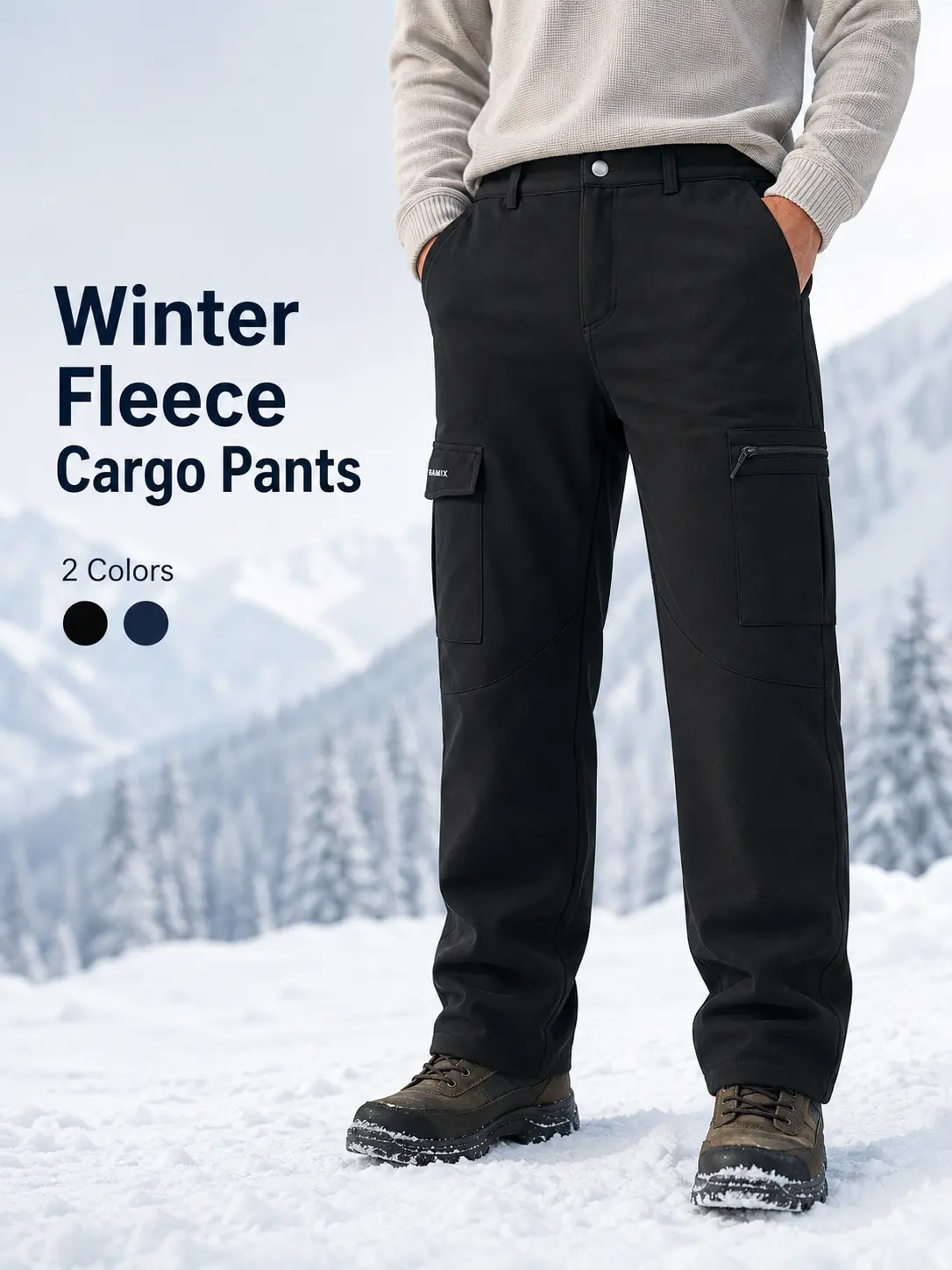 BAMIX Menswear Men’s Fitted Cut Warm Fleece-Lined Solid Plain Cargo Pants, Straight Leg Elastic Waist Water-Resistant Winter Work Outdoor Utility Pocket Pants