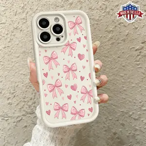 Cute Pink Bow Heart Pattern Case for iPhone 17 16 15 14 Pro Max 13 12 11 XR XS Plus Air Slim Shockproof Anti Drop Protective Durable TPU Cover