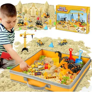 Sand Construction Kit with Big Foldable Sandbox and 2.2lbs Moldable Sensory Play Sand, Truck Toys Including Castle Molds and Other Accessories - 36Pc Set for Kids 3+