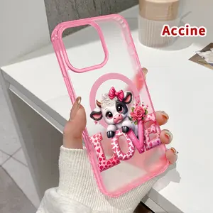 Valentine's Day Pink Bow Cow Pattern Magnetic Phone Case for iPhone 16 15 14 Pro Max 13 12 11 XR XS E Plus Clear Crystal Drop-proof Slim Silicone Shockproof Transparent Protective Cover Supports Wireless Charging