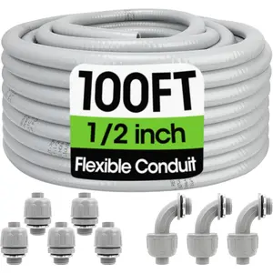 100FT Liquid-Tight Conduit and Connector Kit, 1/2 Flexible Non Metallic Electrical Conduit with 5 Straight and 3 Angle Fittings, PVC Conduit