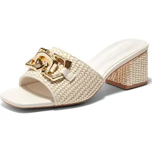 Coutgo Women's Raffia Slide Sandals Chunky Block Heeled Square Open Toe Metal Chain Slip on Mules Dressy Shoes