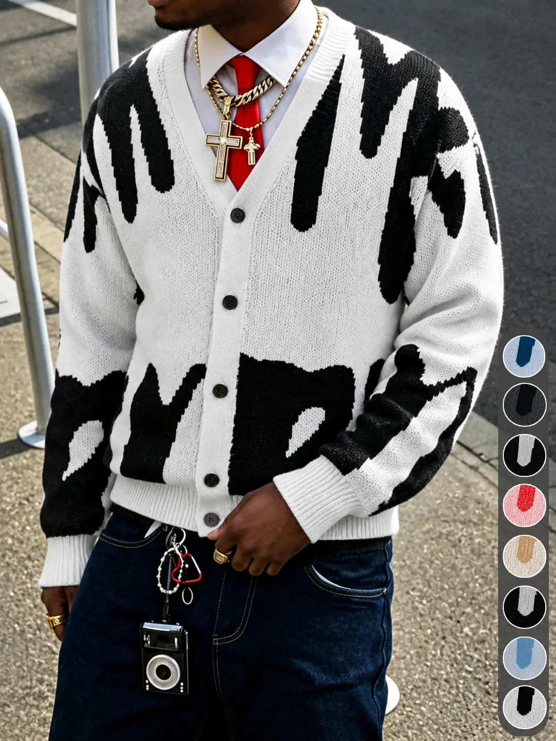 Men's Fall Winter Knit Cardigan Sweater, Black White Graphic V Neck Button Down Long Sleeve Casual Streetwear Sweater, Vintage Y2K Oversized Look, Cozy Layering Top for Daily Wear, College Style, Trendy Fashion Jacket Sweater for Men Everyday Outfits