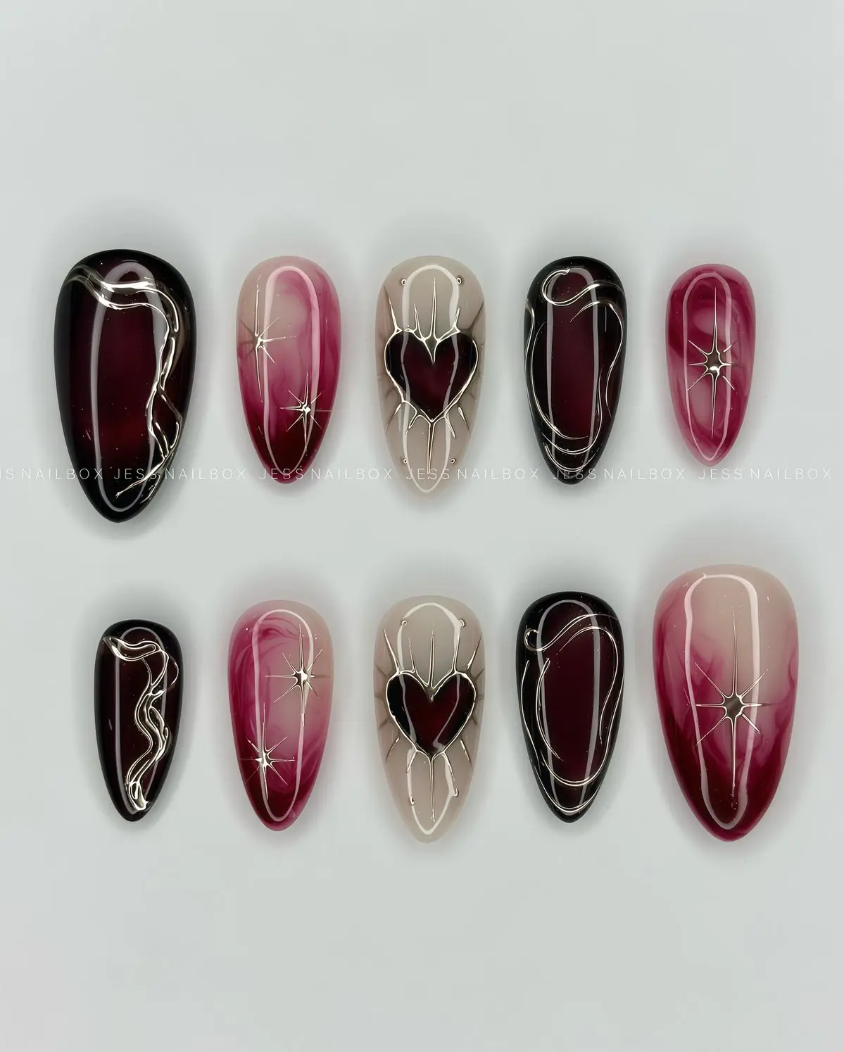 Dark Romance Valentine Nails | Gothic Plum Ombre, Chrome & 3D Hearts | FREE Adhesive Tabs FREE Nail File FREE Cuticle Stick