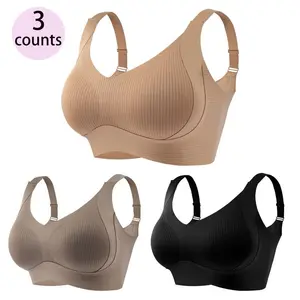 Women's Solid Four-breasted Adjustable Wireless Bra, Soft Comfortable Breathable Ribbed Push Up Seamless Bra, Womenswear Lingerie for All Seasons Valentine's Day, gift Minimalist Bridal Basic