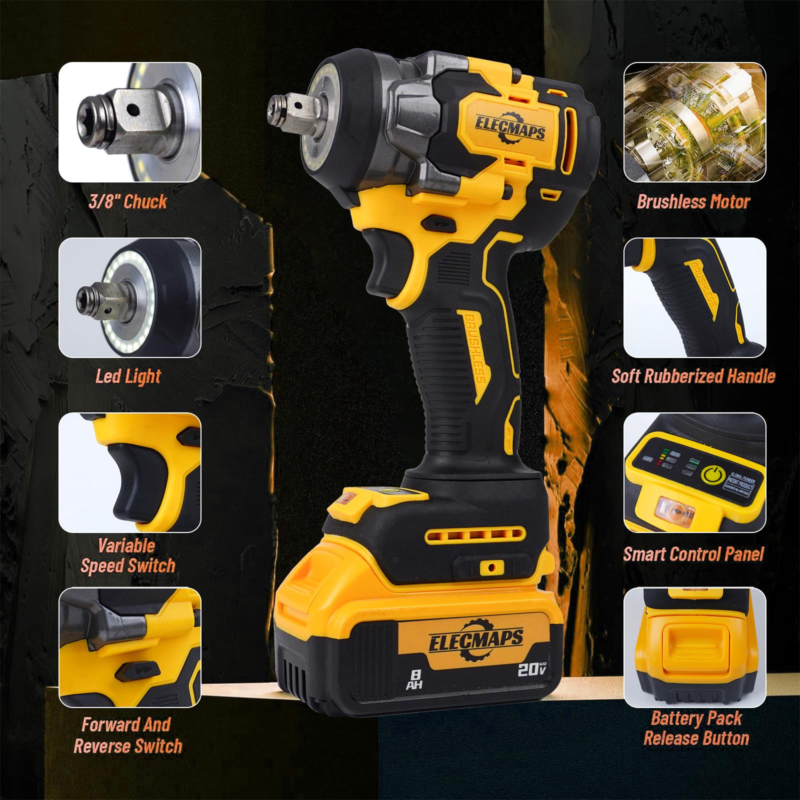 3-in-1 Cordless Impact Wrench(Bare tool; battery not included) – Compatible with Dewalt 20V Batteries | 450N High Torque Brushless Power Tool for Car Repair, DIY & Construction | Yellow & Black Design