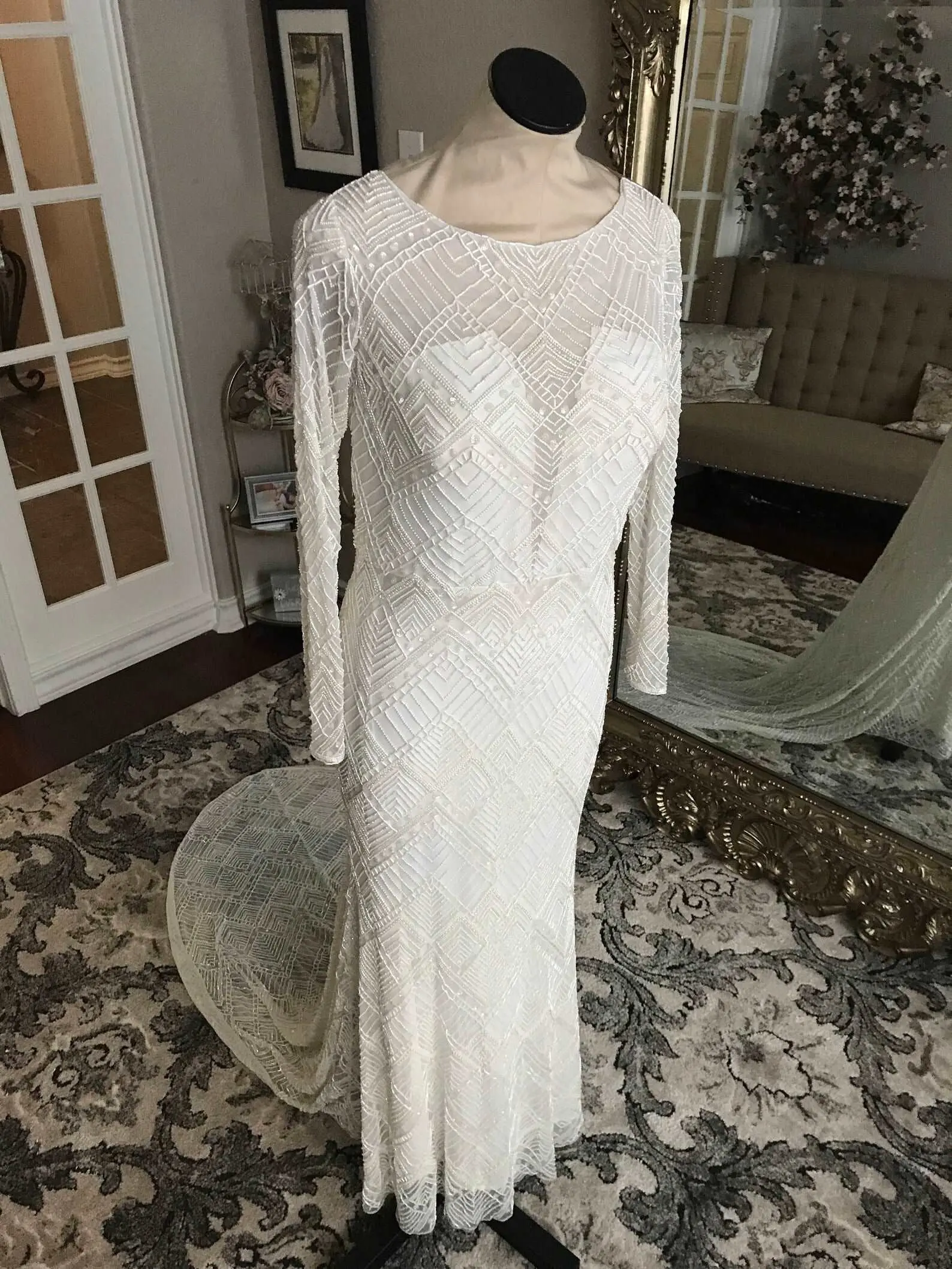 Women's Long Sleeve Art Deco Fully Beaded Fit-and-Flare Wedding Dress - Melody