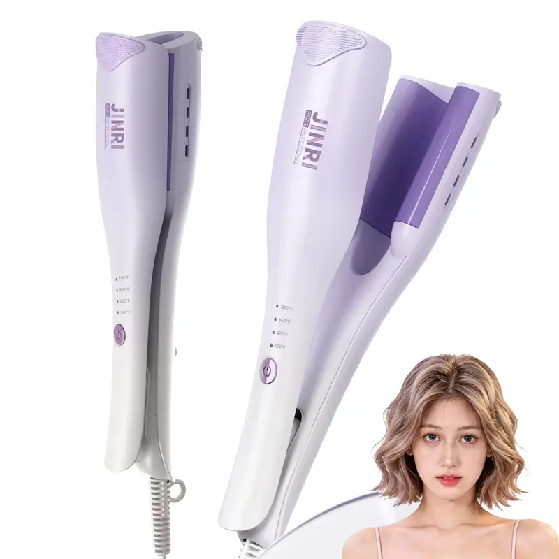 JINRI Dual-Barrel Power Wave Heated Curler - 78W Plug-Powered Curling Iron, Negative Ion Ceramic Plates, Less Heat Damage, Frizz Reduction, Lightweight, Volume Boost, Dual Voltage, All Hair Types, Purple, Box Included