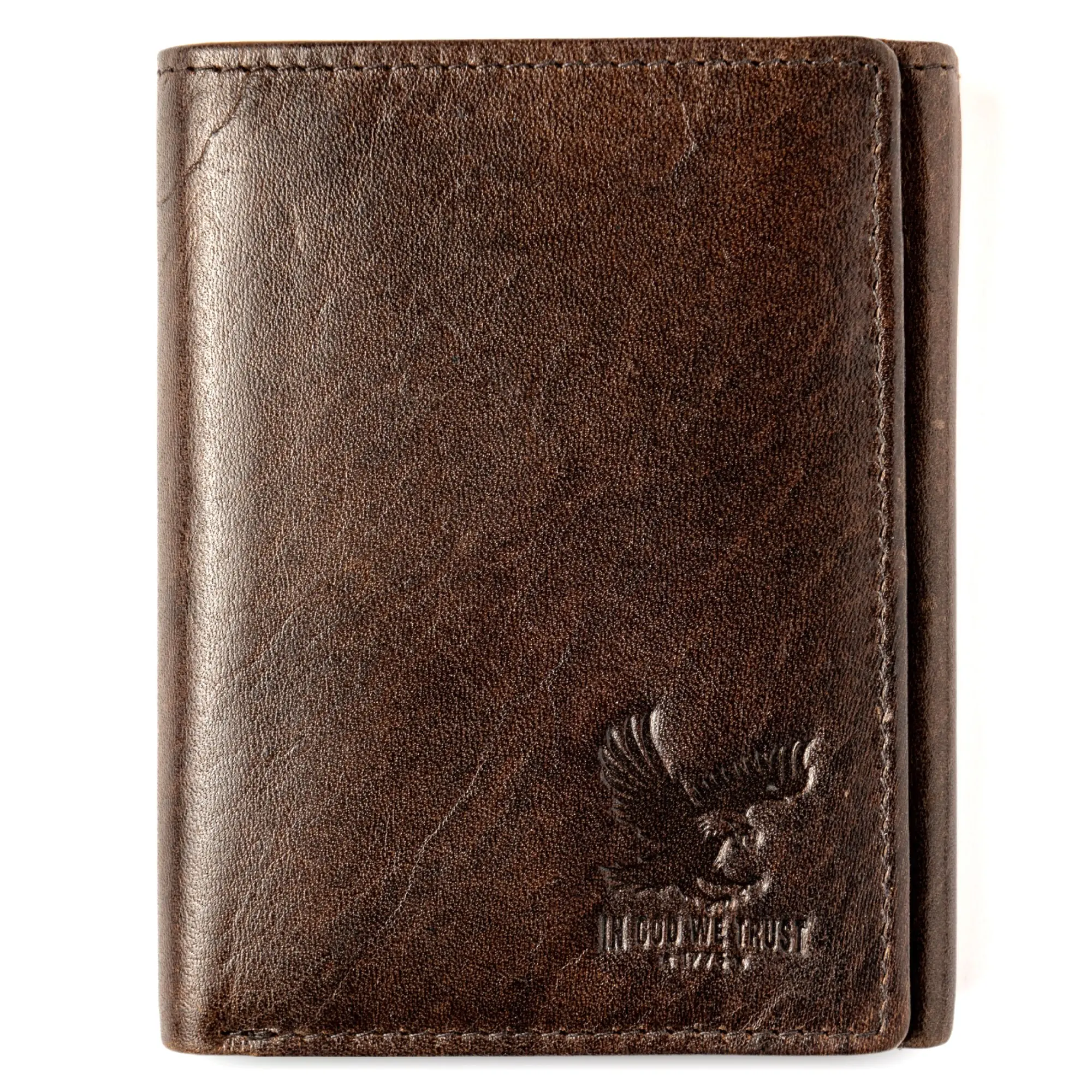 Bull Guard Patriotic Freedom Leather RFID Trifold Wallet for Men with Pocket for Air Tag or Other Tracking Devices & 2 ID Windows In Top Grain Leather