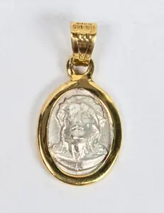 925 Sterling Silver Jesus Christ Pendant w/ 10K Gold Border Religious Charm (22.5mm) - 925 Sterling Silver