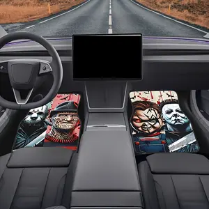 4 Halloween-themed - durable polyester, suitable for all seasons, comfortable and stylish, compatible with cars, SUVs, and trucks, featuring classic horror movie characters, perfect Halloween gift, Automotive Floor Mats, Halloween car interior accessory