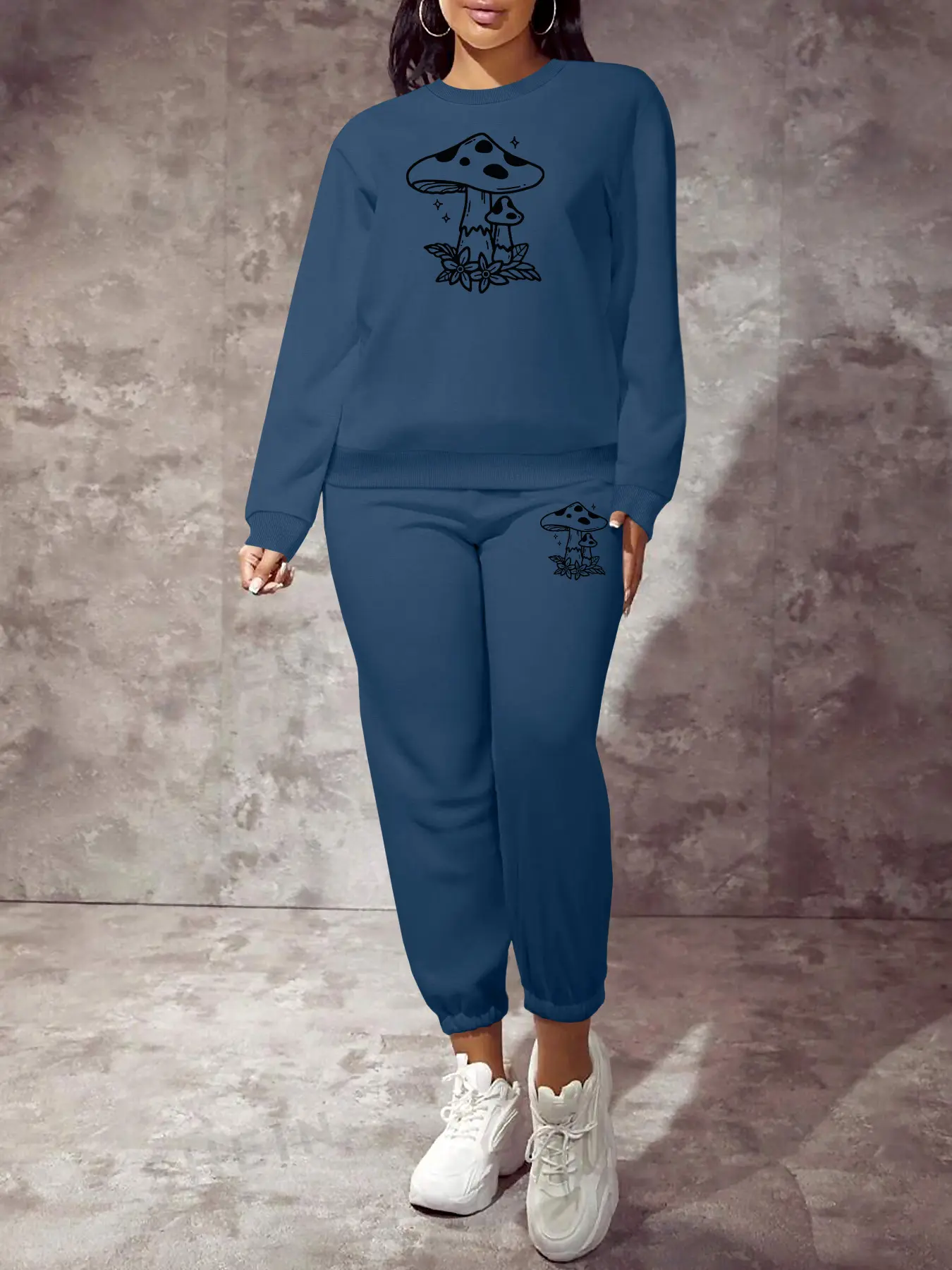 Women's Casual Mushroom Print Sweatshirt Set Outfit, Long Sleeve Round Neck Pullover, Fitted H-Type Pants, Spring & Fall Fashion Womenswear