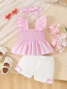 Girls' Sweet Summer Four-Color Set with Hairband, Striped Ruched Top, Lace Backless Vest + Bow Shorts, Perfect for Outdoor & Daily Wear