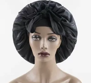 Adjustable Silky Satin Bonnet Cap for Women - Non-Slip Sleeping Cap for Hair Protection and Edges Neat, Wide Band and Breathable Material, Black