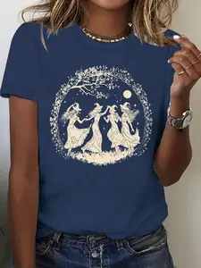 Women's Witch & Moon Print Round Neck Tee, Casual Short Sleeve Crew Neck T-shirt for Summer, Fashion Women's Top for Daily Wear, Casual Breathable Top