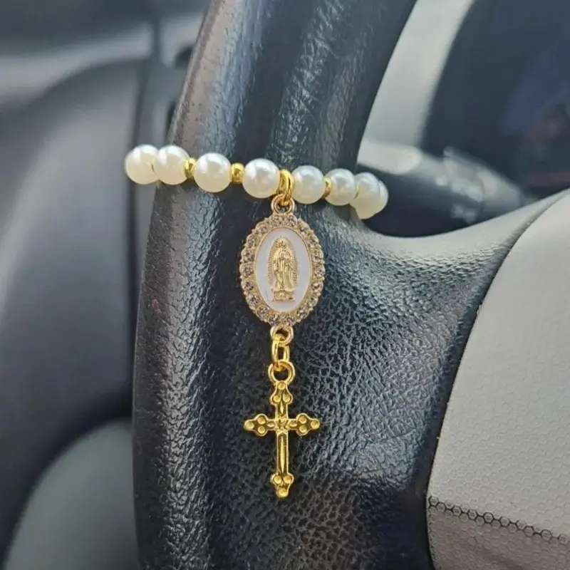 Guadalupe Virgin Mary Car Beaded Pendant, Pearl String Rearview Mirror Charm, Catholic Blessing Protection, Baptism Gift, Car Decoration, Car Interior Decoration, Car Decorations Interior, Boujee Car Accessories