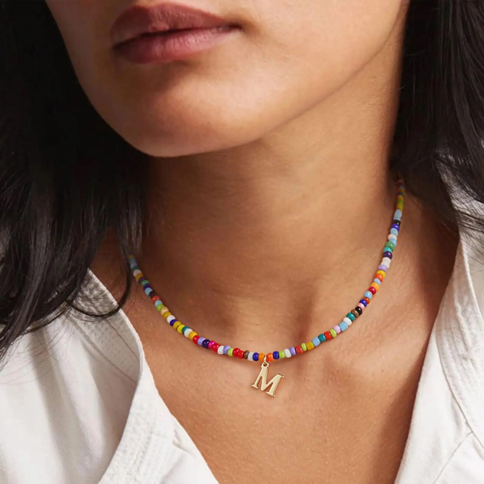 Dainty Initial Pendant Necklace on a Colorful Beaded Chain, Trendy Statement Jewelry for Girls, Aesthetic Casual Gift, Beaded Pendant Necklace, Dainty Initial Necklaces
