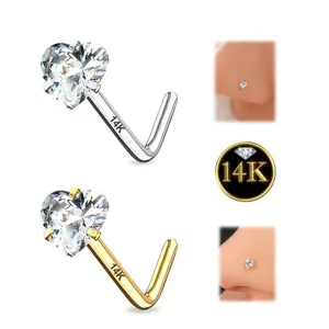 Oufer 14K Solid Gold 20G L Shape Heart AAAAA+ Grade CZ Nostril Nose Stud Piercing Ring