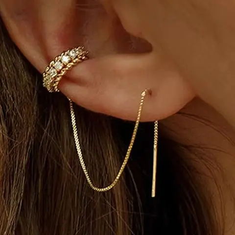 14K Gold Huggie Earrings for Women, Dainty Tassel Chain Drop Earrings, Small Hoop Earrings with Cubic Zirconia for Women and Teens, Cz Earrings