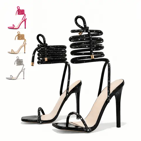 getmorebeauty Women's Elegant Glamorous Formal Party Footwear, 11.5cm Comfortable Stilettos, Square Toe Gladiator Strappy Lace-Up Pumps with Rubber Sole, Black Prom Wedding Shoes