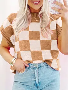 Colorblock Plaid Pattern Ribbed Trim Sweater Tank Top, Sleeveless Design For A Cool and Versatile Summer Look.