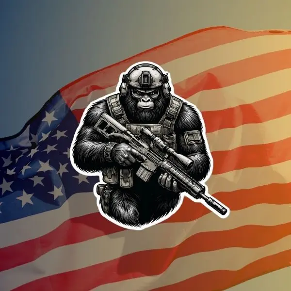 Tactical Gorilla Soldier Sticker with Rifle, Military Ape Warrior Decal, Armed Gorilla Graphic, Special Forces Style Sticker