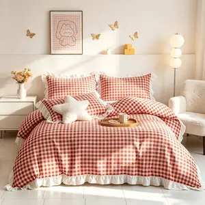 Korean Style Plaid Ruffle Bedding Set, Soft Duvet Cover and Pillowcase (three Piece), Polyester Material, Comfortable, No Fill Included