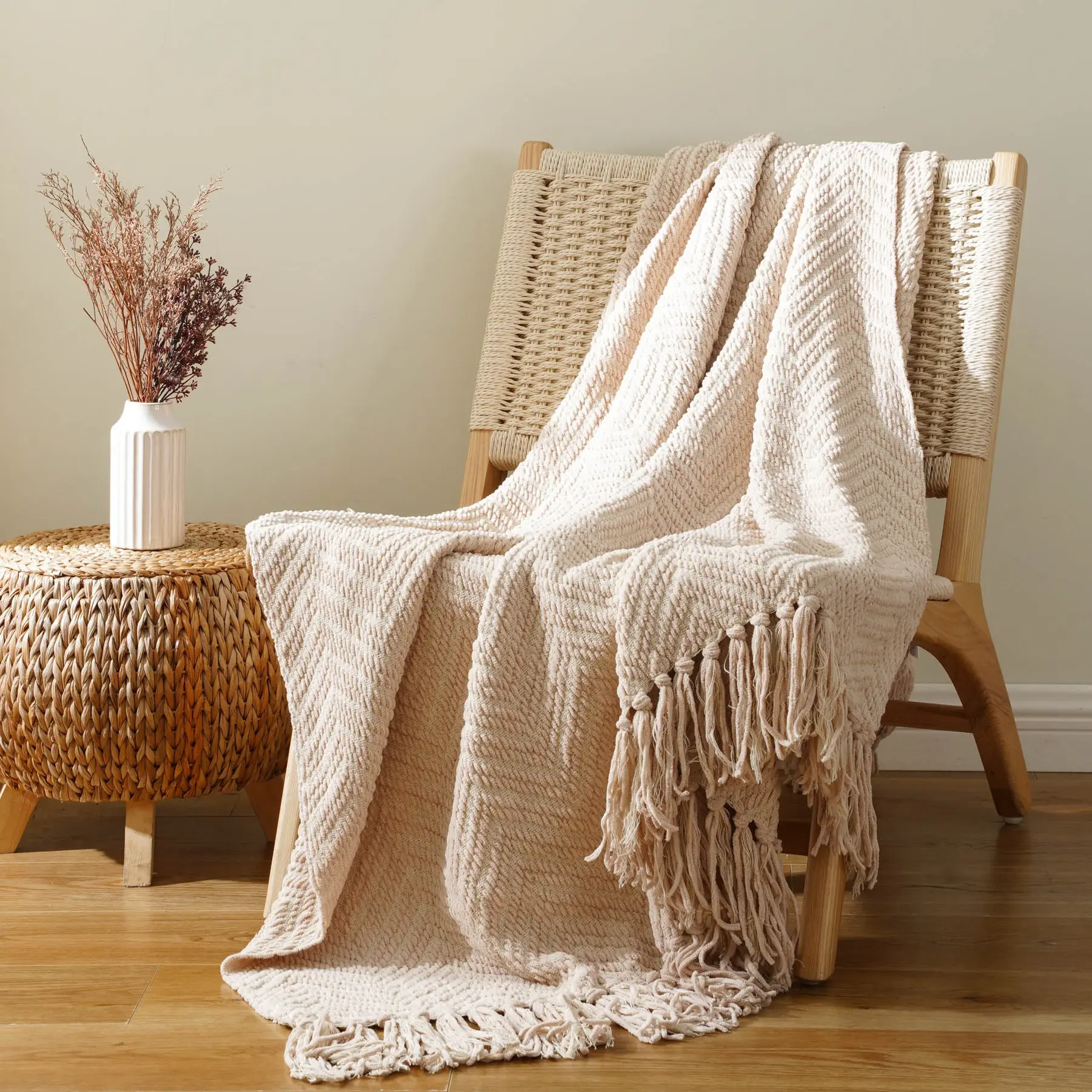 Battilo | Chenille Knitted Blanket - Soft Comfort Blankets for Bed, Sofa, Summer Neutral Throw & Aesthetic Home Decor