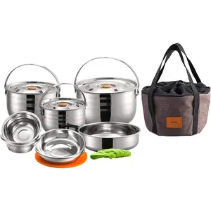 Cookware Set Stainless Steel Outdoor Nesting Cooking Mess Kit Pots Pans Bowls with Storage Carrying Tote Bag