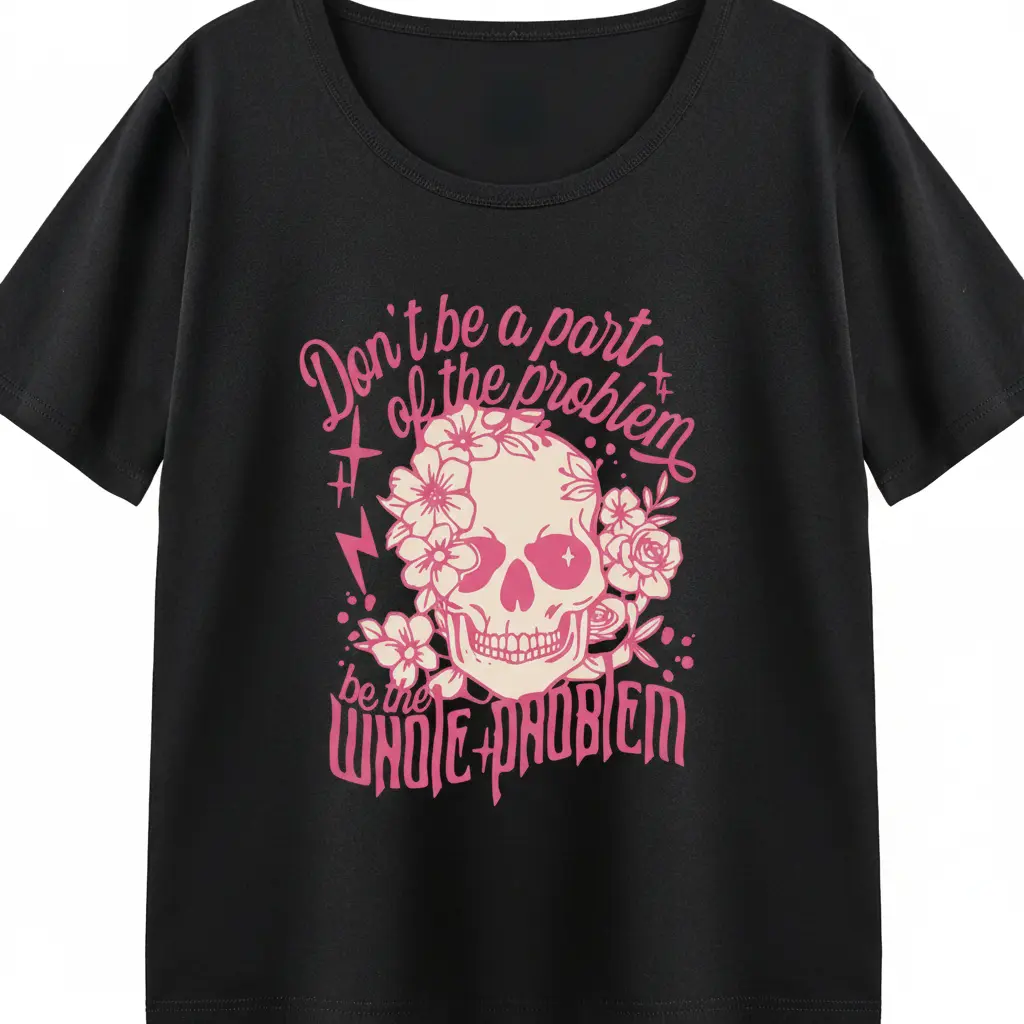 Women's Short-Sleeve Round Neck Gothic Skull-Floral Graphic Bold Statement T-Shirt - Pink Punk Grunge Streetwear Oversized Casual Edgy Comfy Top, Gift for Lady, Shortsleeve, Tshirt, Alt-Style Women's T-Shirts, Skull And Floral Motifs, Punk Grunge Edge, Al