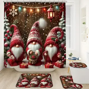 1/4pcs Christmas decoration cute gnome and snowflake design shower curtain set, festive design, non-slip floor mat, U-shaped carpet, toilet lid cover, perfect for bathroom decoration, beautify the space, 12 shower included, Bathroom Decoration Accessories