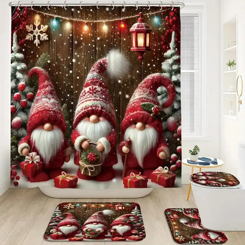 1/4pcs Christmas decoration gnome and snowflake design decorative shower curtain set, Shower curtain set for bathroom, festive design, non-slip floor mat, U-shaped carpet, toilet lid cover, 12 shower included