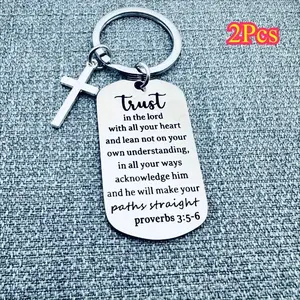 2Pcs [Stainless Steel Cross Keychain] A Stylish And Durable Stainless Steel Keychain With A Cross And The Bible Verse Proverbs 3:5-6 Engraved On It, Suitable For Both Men And Women As A Fashionable Accessory And A Christian Faith Gift.