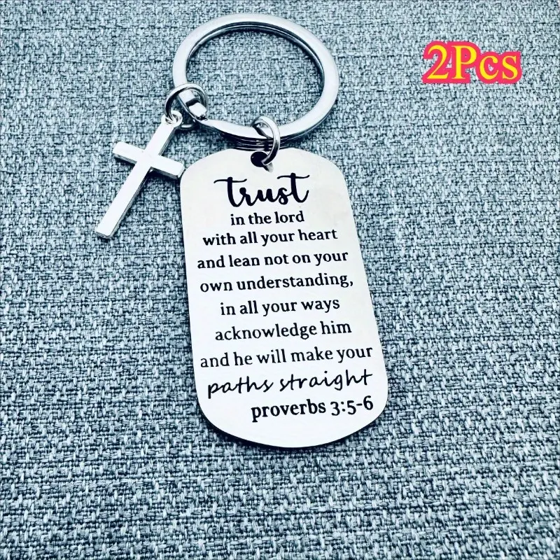 Unisex 2-Pcs Stainless Steel Christian Cross Graphic Keychains, Engraved Metal Cross Crucifix with Proverbs 3:5-6 Bible Quote, Durable Fashion Accessory for Christian Faith Anniversary Gifts, Keychains for Women, Anniversary Gift, Cross Motif