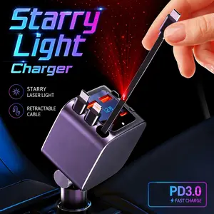 [2026 Upgraded] 120W 7-in-1 Retractable Car Charger with Voltage Display - Starry Light, Car Accessories Bundle for iPhone, Android to Eliminate Cable Mess, Car Stuff
