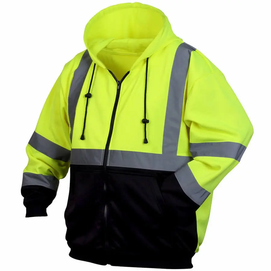Men's Pyramex RSZH32 Type R Class 3 Full-Zip Hi-Vis Lime Insulated Safety Hoodie - 100% Polyester Fleece, Adjustable Pull Cord, Black Bottom, Elastic Cuffs, Hand Warmer Pockets, Reflective Tape, for Cold Work Sites, High Visibility Shirts, Full Zipper
