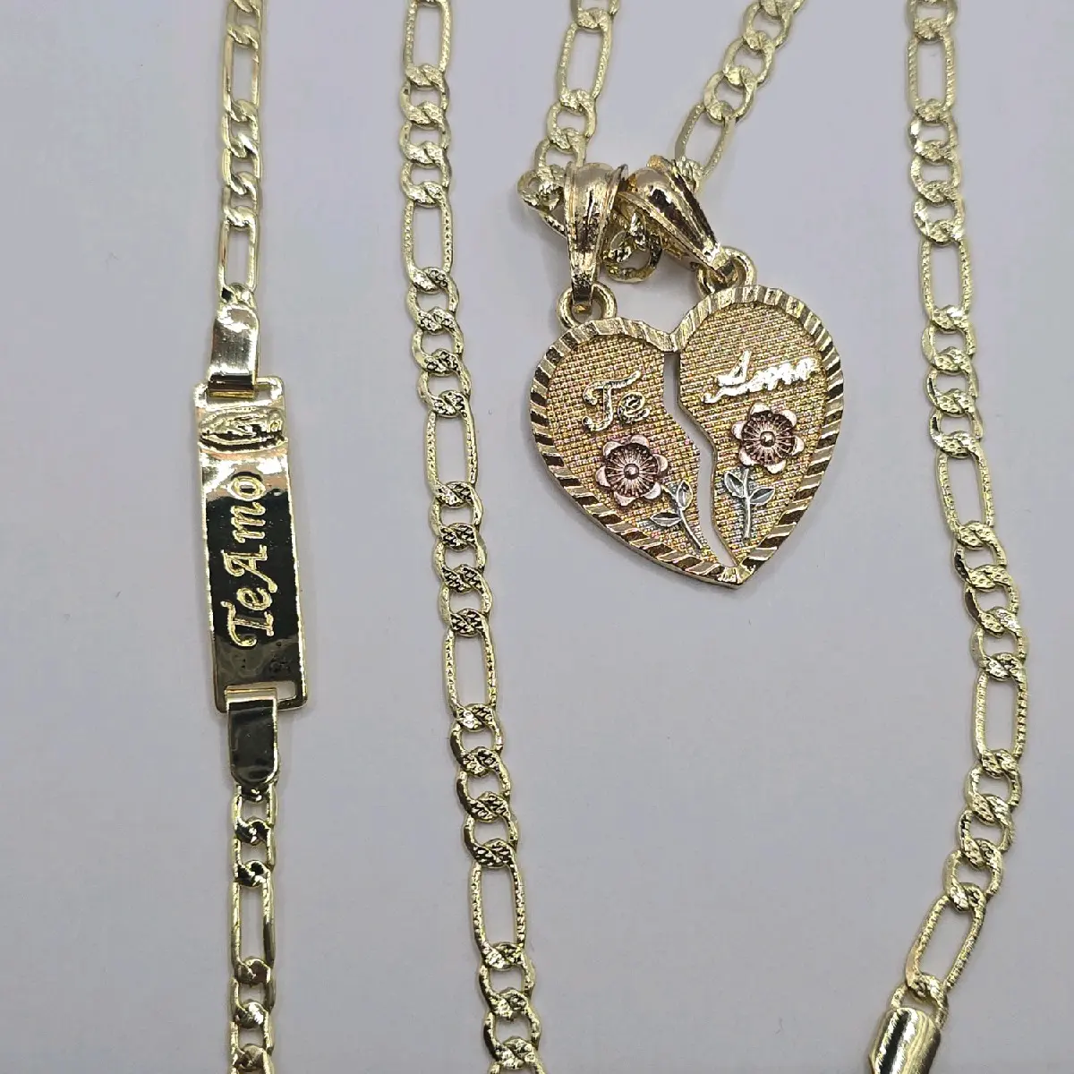TE AMO set  Heart pink flowers beautiful necklace with bracelet figaro style gold-plated 24"inches