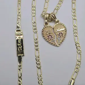 TE AMO set  Heart pink flowers beautiful necklace with bracelet figaro style gold-plated 24"inches